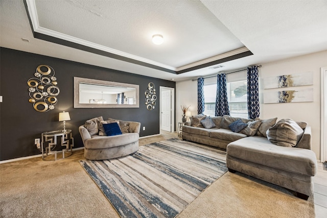 2224 Heaton St, Forney, TX 75126 - living room with a tray ceiling, ornamental molding, a textured ceiling, carpet floors, and baseboards