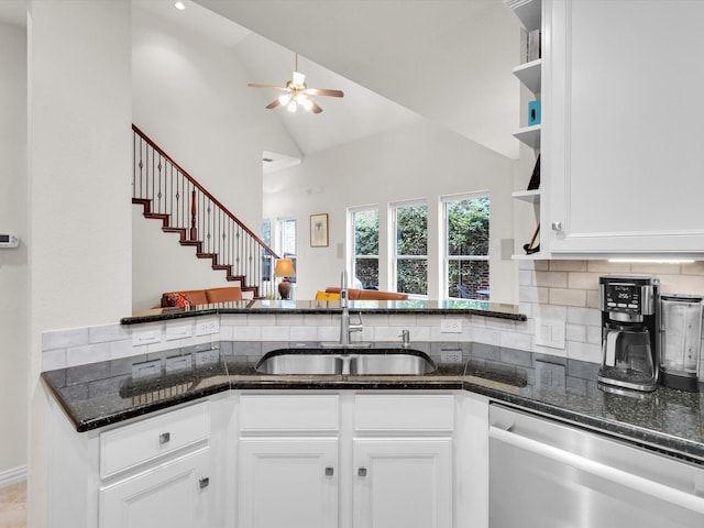 4344 Kestrel Way, Carrollton, TX 75010 - kitchen featuring dishwasher, open shelves, a ceiling fan, white cabinets, and dark stone countertops