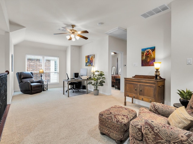 4344 Kestrel Way, Carrollton, TX 75010 - carpeted living area with attic access, an office area, and ceiling fan