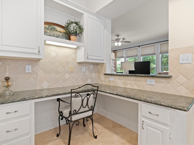 6301 Bermuda Dunes Dr, Plano, TX 75093 - kitchen with built in desk, a ceiling fan, and white cabinetry