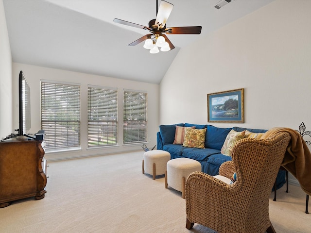 6301 Bermuda Dunes Dr, Plano, TX 75093 - living area with carpet flooring, plenty of natural light, ceiling fan, and high vaulted ceiling