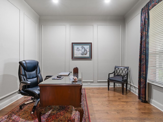 6301 Bermuda Dunes Dr, Plano, TX 75093 - home office with wood finished floors, crown molding, and a decorative wall