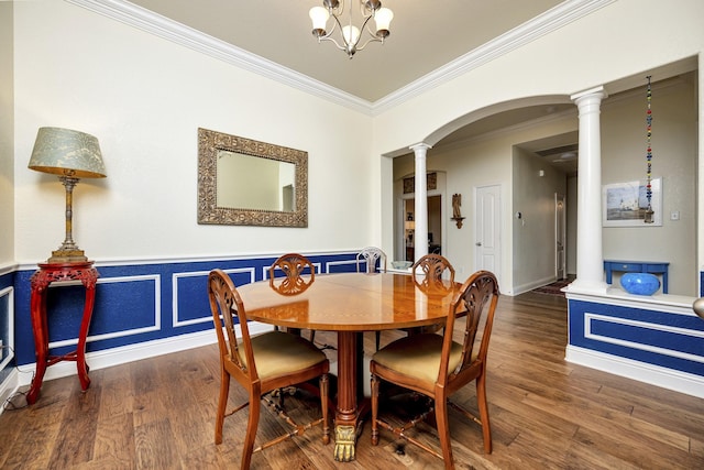9708 Sinclair St, Fort Worth, TX 76244 - dining area featuring decorative columns, ornamental molding, wood finished floors, arched walkways, and a chandelier