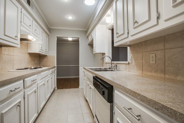 10630 Sandpiper Ln, Dallas, TX 75230 - kitchen featuring white appliances, a sink, under cabinet range hood, ornamental molding, and white cabinets