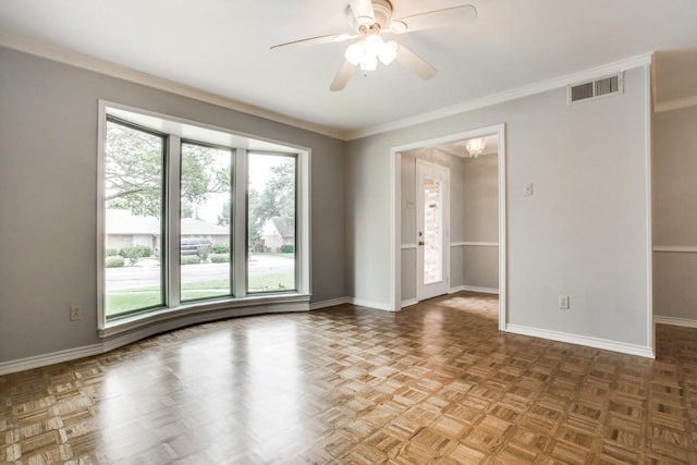 10630 Sandpiper Ln, Dallas, TX 75230 - empty room featuring healthy amount of natural light, a ceiling fan, baseboards, and ornamental molding