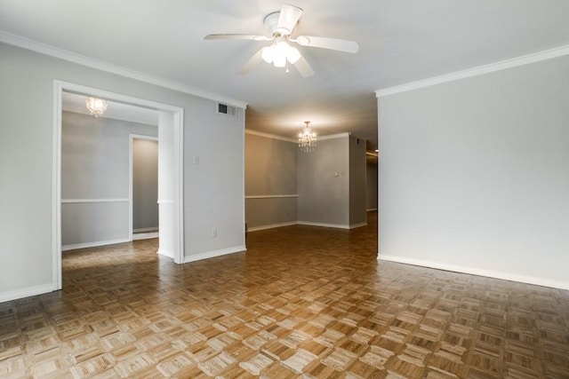10630 Sandpiper Ln, Dallas, TX 75230 - unfurnished room featuring a chandelier, baseboards, a ceiling fan, and crown molding