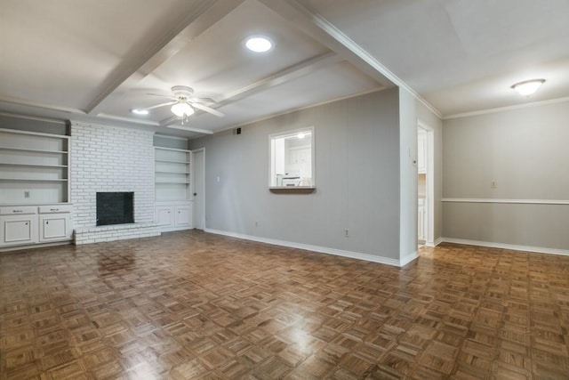 10630 Sandpiper Ln, Dallas, TX 75230 - unfurnished living room featuring a ceiling fan, baseboards, a fireplace, built in shelves, and beamed ceiling