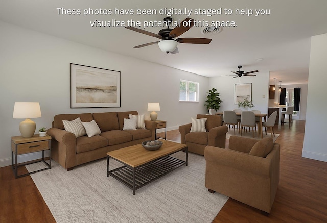 3717 W Spurgeon St, Fort Worth, TX 76133 - living area with wood finished floors, ceiling fan, and baseboards