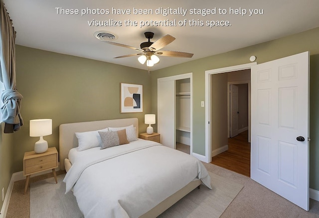 3717 W Spurgeon St, Fort Worth, TX 76133 - bedroom with light carpet, a closet, baseboards, and ceiling fan