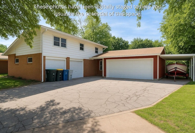 3717 W Spurgeon St, Fort Worth, TX 76133 - view of front of house with a detached garage, brick siding, and a front lawn
