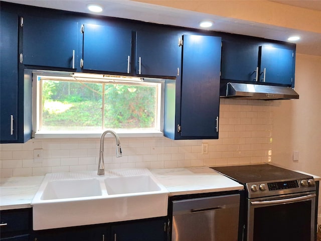3717 W Spurgeon St, Fort Worth, TX 76133 - kitchen with blue cabinetry, appliances with stainless steel finishes, under cabinet range hood, a sink, and tasteful backsplash