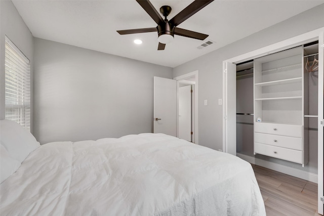 228 Harrison Ln, Hurst, TX 76053 - bedroom featuring light wood finished floors, ceiling fan, baseboards, recessed lighting, and a closet