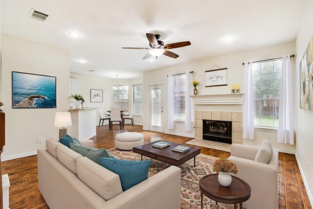 2001 Bosbury Dr, Flower Mound, TX 75028 - unfurnished living room with ceiling fan, wood finished floors, a fireplace, baseboards, and recessed lighting