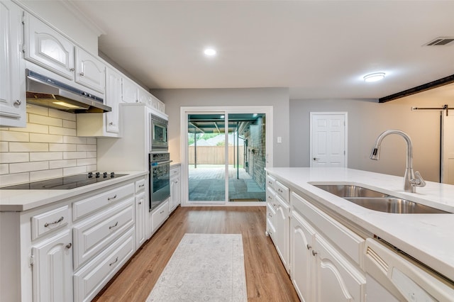 7581 Kings Ridge Rd, Frisco, TX 75035 - kitchen with appliances with stainless steel finishes, a sink, under cabinet range hood, decorative backsplash, and white cabinets