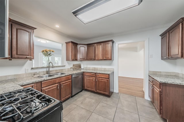 8726 San Fernando Way, Dallas, TX 75218 - kitchen with a sink, black gas stove, stainless steel dishwasher, ornamental molding, and light tile patterned flooring