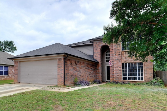 317 Stately Oak Ln, Lake Dallas, TX 75065 - traditional-style house featuring brick siding, an attached garage, roof with shingles, and driveway