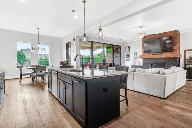 288 Ontario Loop, Sunnyvale, TX 75182 - kitchen featuring a sink, light wood-type flooring, a large fireplace, ceiling fan, and ornamental molding