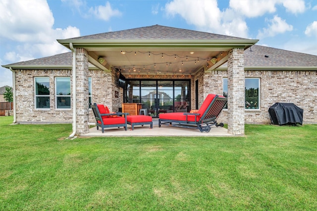 288 Ontario Loop, Sunnyvale, TX 75182 - rear view of house featuring a patio area, an outdoor living space, brick siding, and roof with shingles