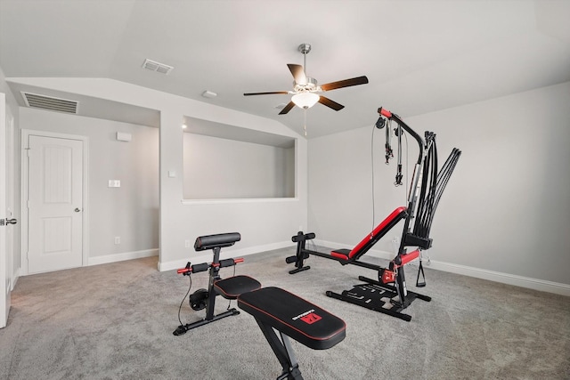 6105 Hightower St, Celina, TX 76227 - workout room featuring a ceiling fan, carpet floors, vaulted ceiling, and baseboards