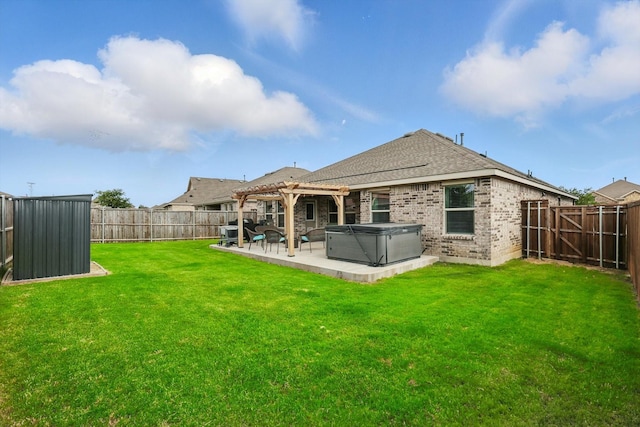 6105 Hightower St, Celina, TX 76227 - back of property featuring a hot tub, a pergola, a patio area, brick siding, and roof with shingles