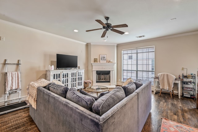 1910 Hope St Unit 15, Dallas, TX 75206 - living room featuring a ceiling fan, recessed lighting, ornamental molding, dark wood-type flooring, and a fireplace with raised hearth