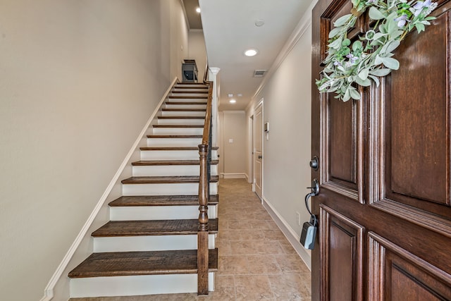 1910 Hope St Unit 15, Dallas, TX 75206 - foyer with stairs, recessed lighting, and ornamental molding