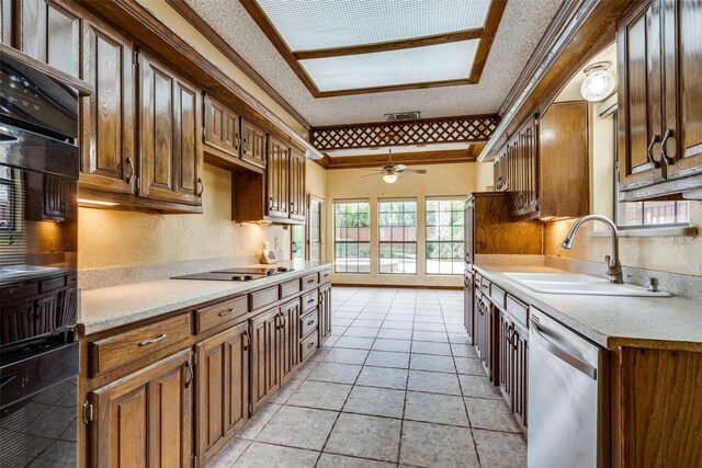 1541 Croston Dr, Plano, TX 75075 - kitchen featuring dishwasher, a sink, ornamental molding, light countertops, and a ceiling fan