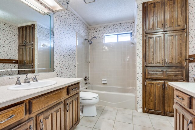 1541 Croston Dr, Plano, TX 75075 - full bathroom featuring crown molding, wallpapered walls, vanity, tile patterned flooring, and  shower combination