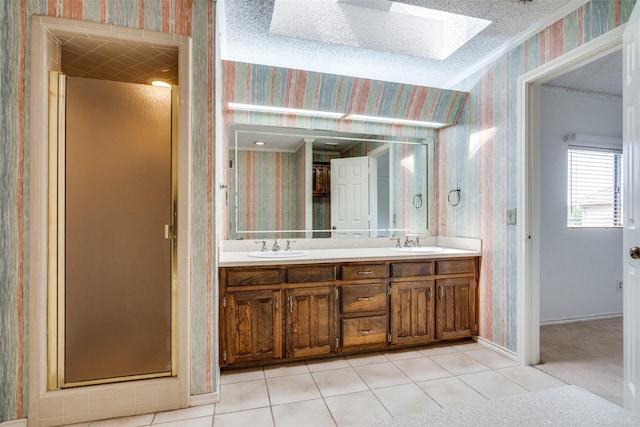1541 Croston Dr, Plano, TX 75075 - full bath featuring wallpapered walls, a skylight, double vanity, crown molding, and tile patterned floors