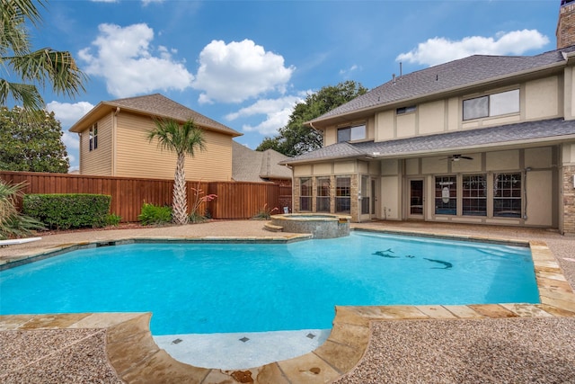 1541 Croston Dr, Plano, TX 75075 - view of swimming pool with a fenced backyard, ceiling fan, and a pool with connected hot tub