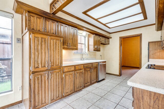 1541 Croston Dr, Plano, TX 75075 - kitchen with a sink, dishwasher, light countertops, crown molding, and brown cabinetry