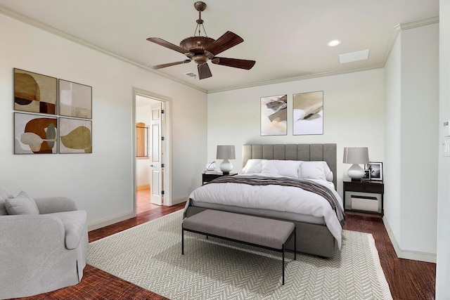 6708 Mustang Trl, Sanger, TX 76266 - bedroom featuring crown molding, ensuite bath, dark wood finished floors, a ceiling fan, and recessed lighting