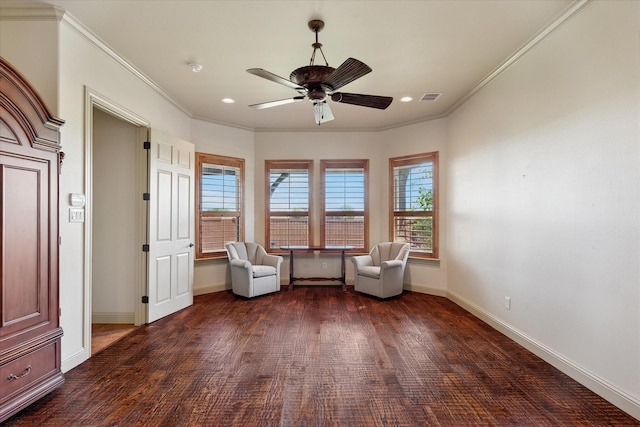 6708 Mustang Trl, Sanger, TX 76266 - sitting room featuring dark wood-style floors, ceiling fan, ornamental molding, and recessed lighting