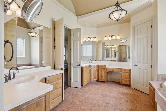 6708 Mustang Trl, Sanger, TX 76266 - bathroom with two vanities, a garden tub, and crown molding