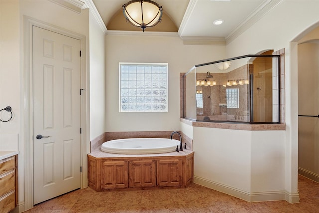 6708 Mustang Trl, Sanger, TX 76266 - full bath featuring a tile shower, a bath, vanity, and crown molding
