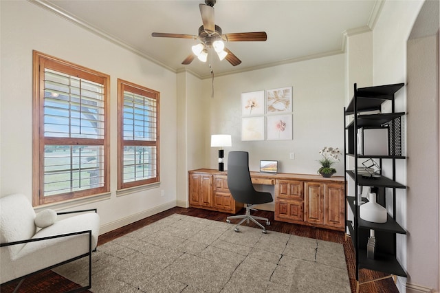 6708 Mustang Trl, Sanger, TX 76266 - office area featuring wood finished floors, crown molding, built in study area, and ceiling fan