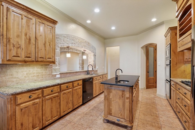 6708 Mustang Trl, Sanger, TX 76266 - kitchen with black appliances, arched walkways, ornamental molding, decorative backsplash, and a center island with sink