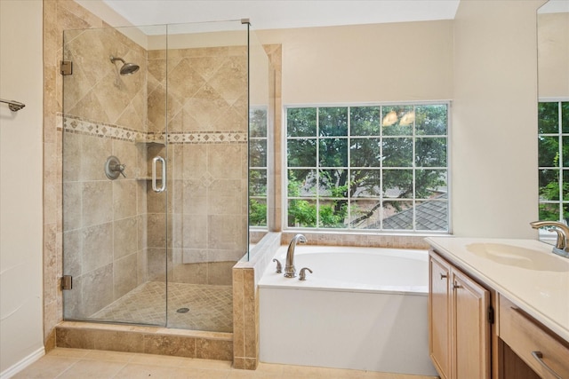 10120 Preston Vineyard Dr, Frisco, TX 75035 - full bathroom with a bath, a shower stall, vanity, and tile patterned flooring