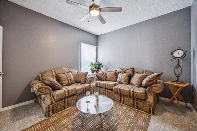 7340 Skillman St Unit 1207, Dallas, TX 75231 - living room with carpet, a ceiling fan, a textured ceiling, a textured wall, and baseboards
