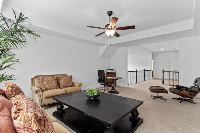2788 Walker Way, Northlake, TX 76247 - living room with carpet, a ceiling fan, and a raised ceiling