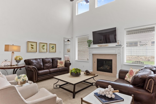 2788 Walker Way, Northlake, TX 76247 - living area with a high ceiling, a tile fireplace, and light carpet