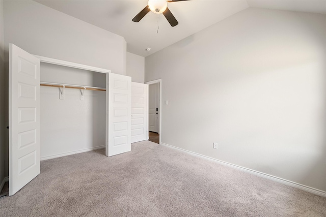 2627 Askern Ct, Grand Prairie, TX 75052 - unfurnished bedroom with carpet, a closet, vaulted ceiling, ceiling fan, and baseboards