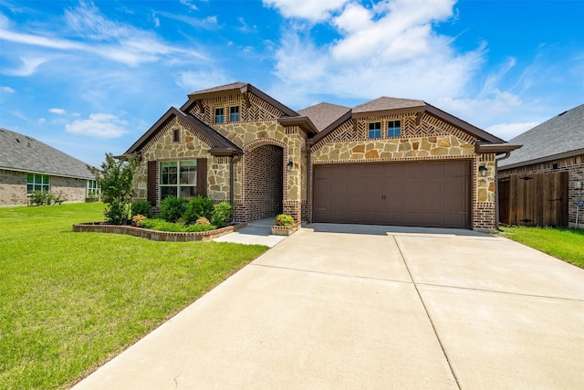 2627 Askern Ct, Grand Prairie, TX 75052 - french country home with concrete driveway, an attached garage, brick siding, and stone siding