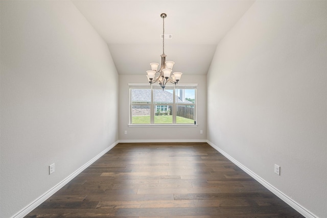 2627 Askern Ct, Grand Prairie, TX 75052 - spare room featuring a chandelier, dark wood-style flooring, baseboards, and vaulted ceiling