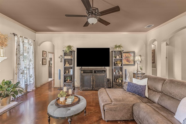 217 Silver Rose Blvd, Burleson, TX 76028 - living area with arched walkways, crown molding, ceiling fan, and baseboards
