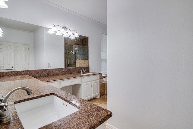 3308 Corn Valley Rd, Grand Prairie, TX 75052 - bathroom with crown molding, a stall shower, and double vanity