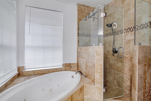 3308 Corn Valley Rd, Grand Prairie, TX 75052 - bathroom with a tub with jets, a shower stall, and ornamental molding