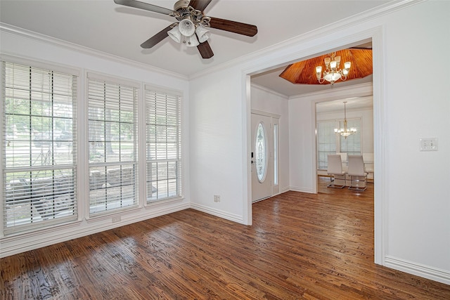 3308 Corn Valley Rd, Grand Prairie, TX 75052 - spare room featuring a chandelier, ornamental molding, baseboards, wood finished floors, and ceiling fan