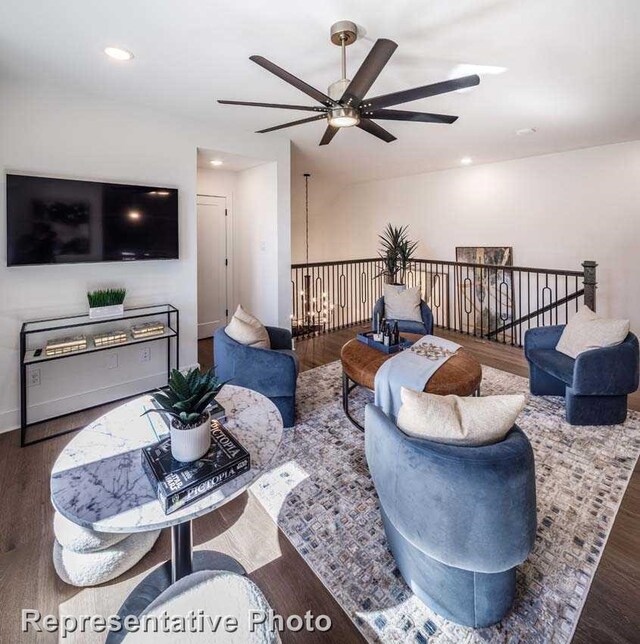 2761 Amber Ln, Prosper, TX 75078 - living room featuring ceiling fan, wood finished floors, and recessed lighting