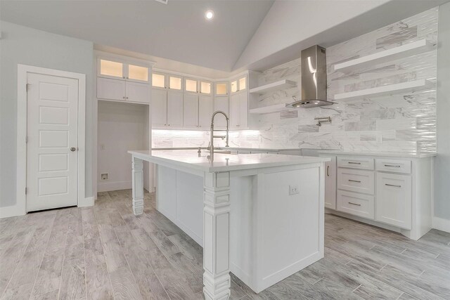 580 Highview Ct, Godley, TX 76044 - kitchen featuring light countertops, open shelves, backsplash, white cabinetry, and lofted ceiling